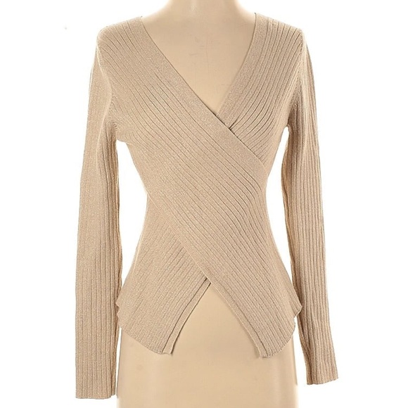 Shimmery Golden Ribbed Faux Wrap Sweater - Picture 1 of 9